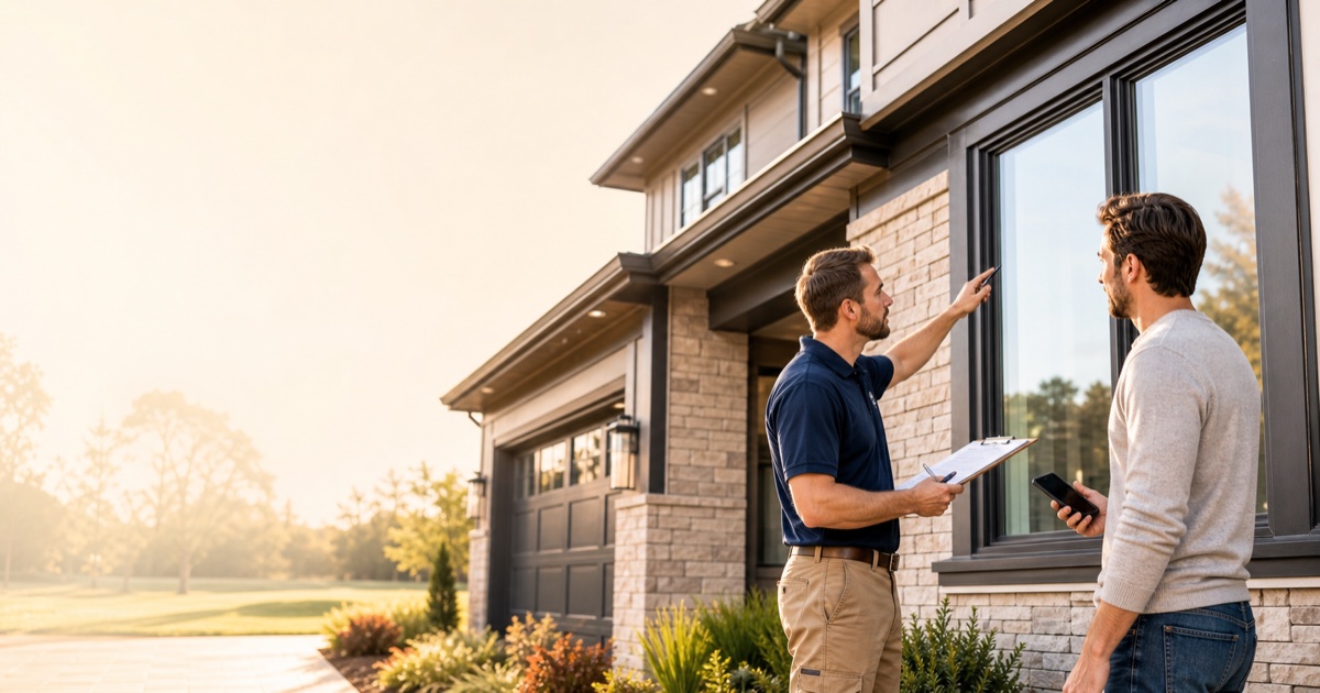 Homeowner and inspector reviewing window details on the exterior of a completed new home