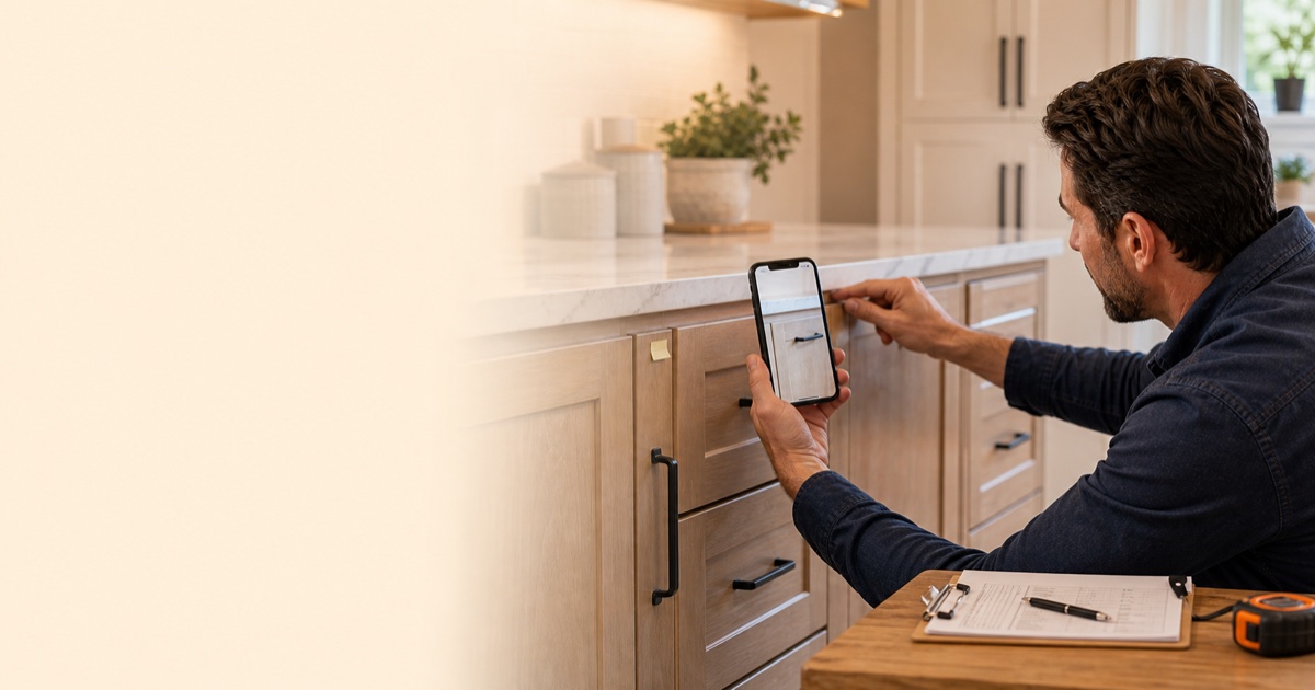 Homeowner photographing a cabinet alignment observation during an early new-home warranty review