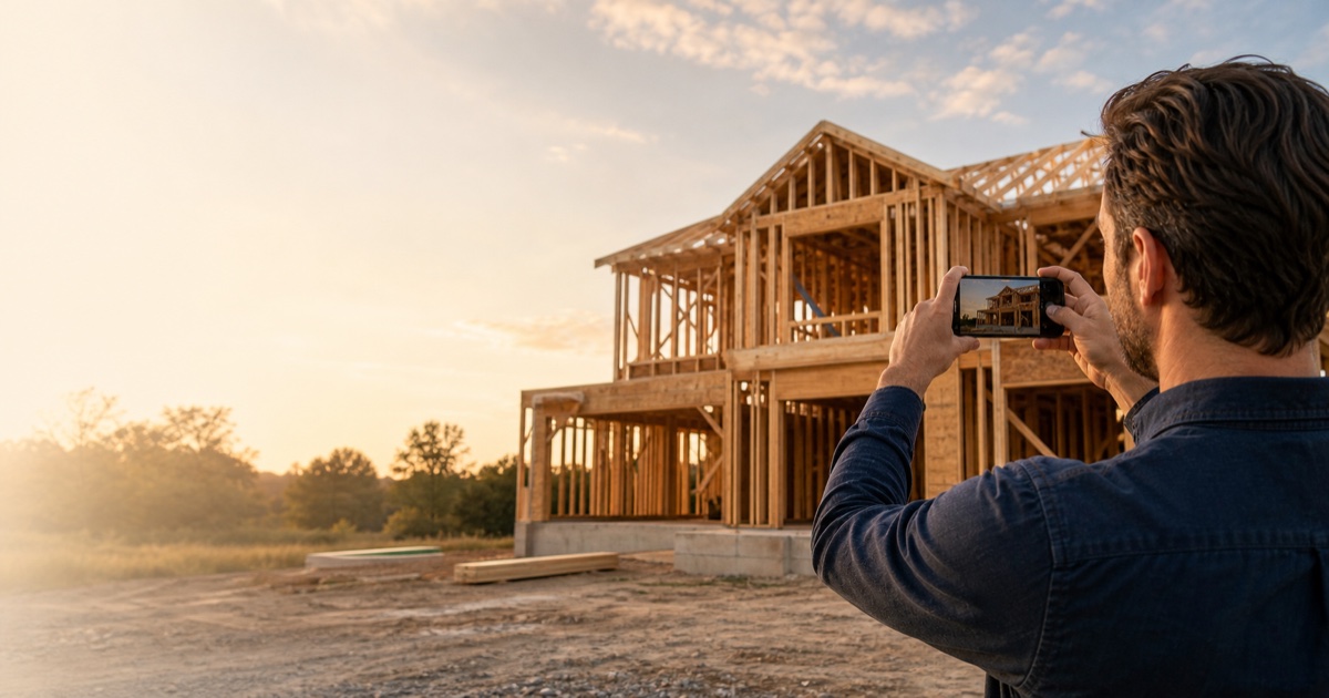 Homeowner photographing the exterior framing of a new house during a construction visit