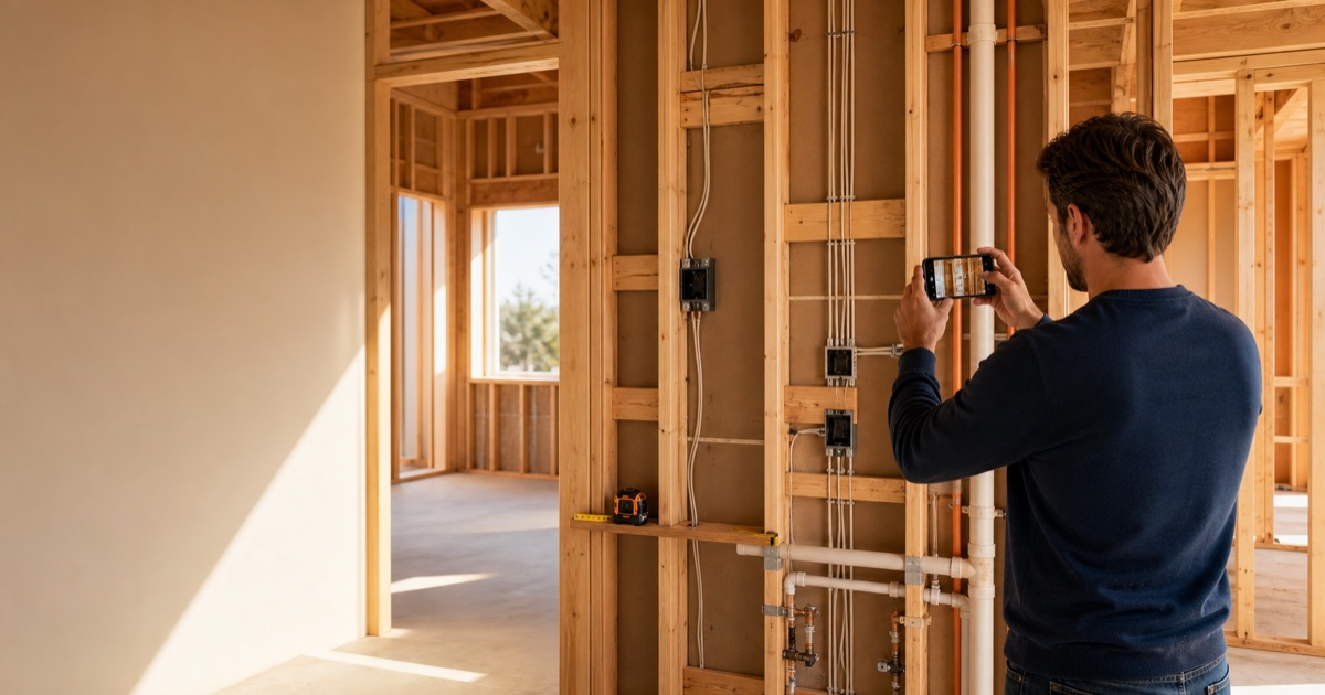Homeowner documenting plumbing and electrical routes inside a framed house before drywall