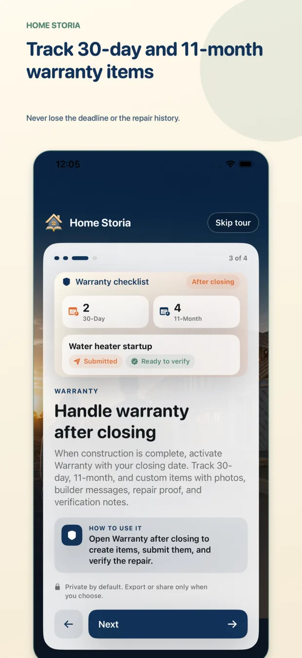 Home Storia tracking builder warranty deadlines