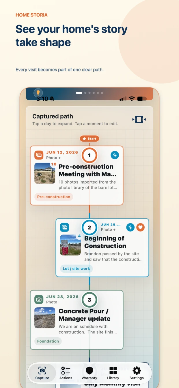 Home Storia Captured Path showing construction visits connected in a visual timeline