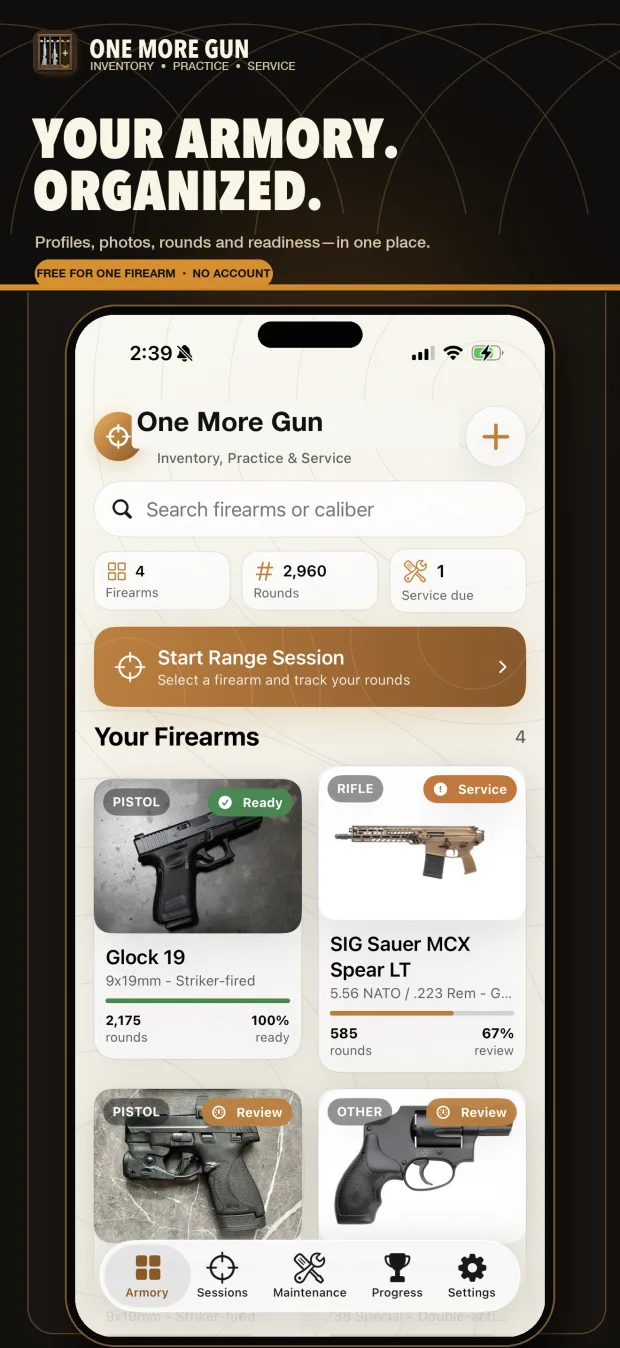 One More Gun showing an organized firearm inventory and range-session shortcut