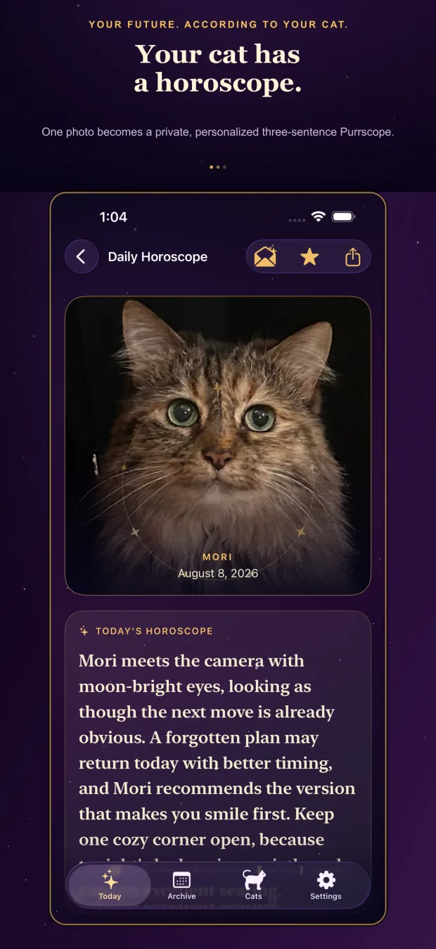 Purrscope displaying Mori's personalized daily horoscope