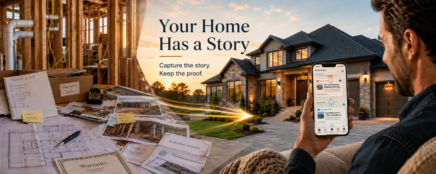 A home progressing from early construction to completion with its records connected
